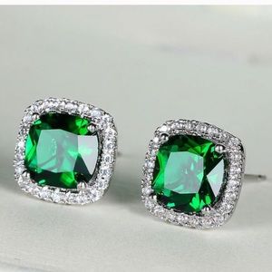 925 Silver Emerald Topaz & Sapphire Halo Earrings